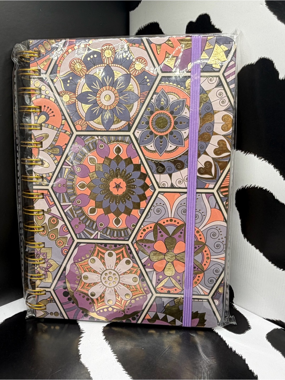 Floral Hexagon Spiral Notebook with Purple Elastic